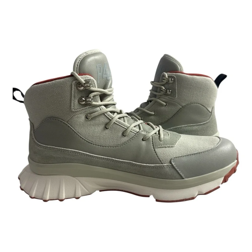 P448 Men's Ankle Boots Grey White Red Lace Up Logo Metal Eyelets EU 44 US‎ 11